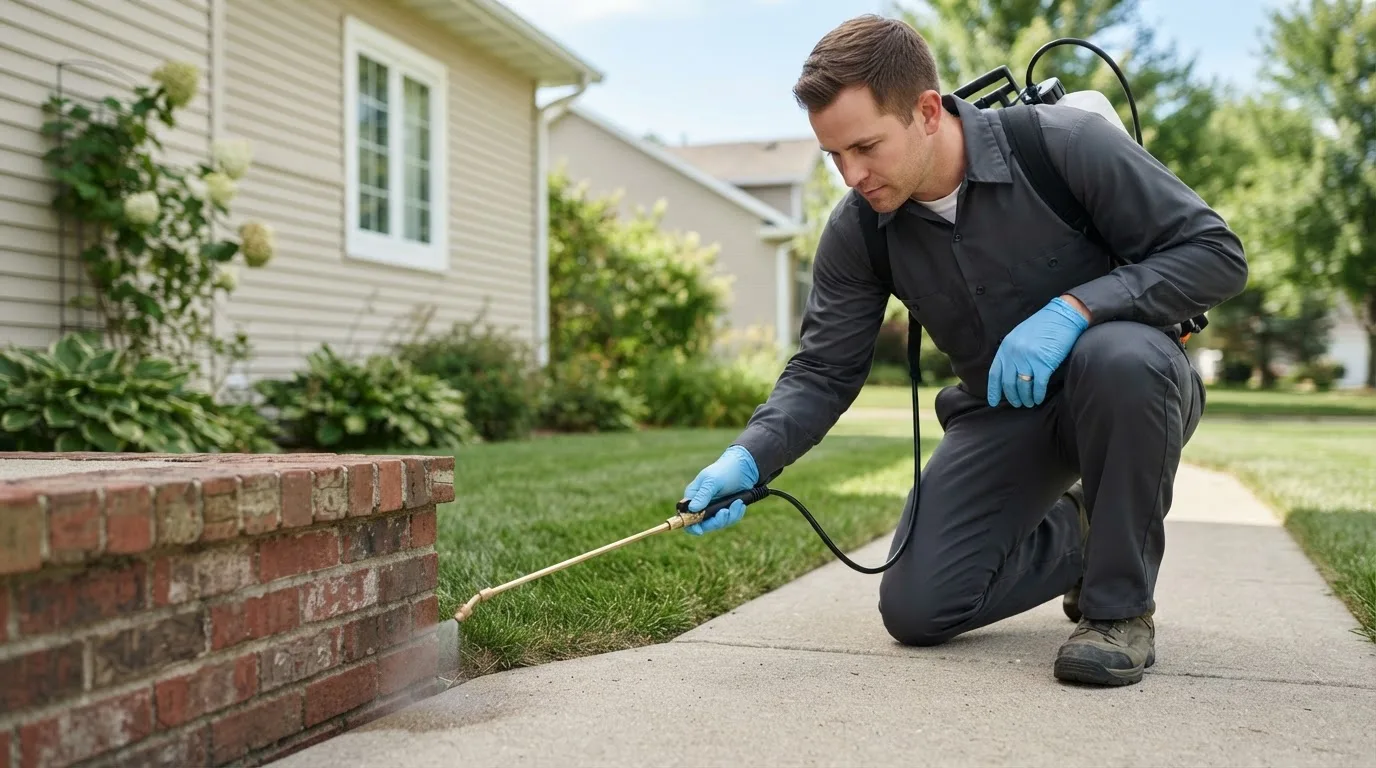 Pest control technician treating a home near University Place, WA